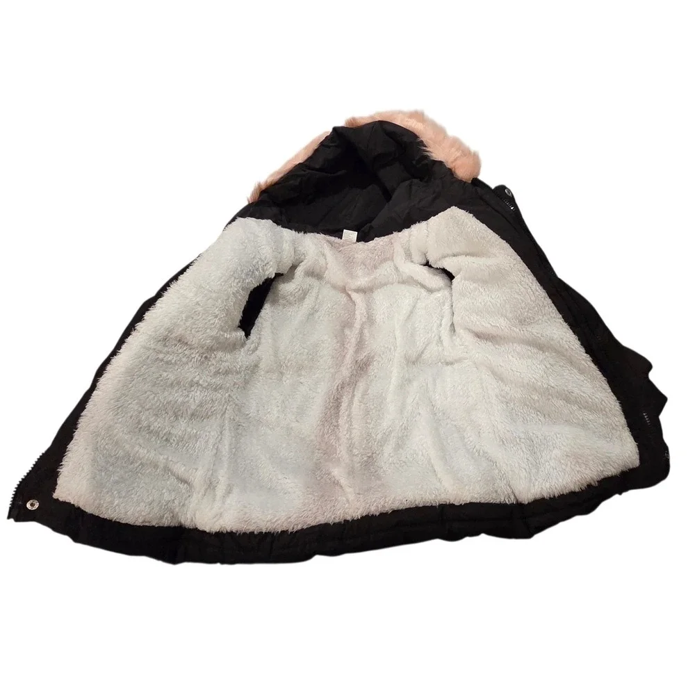 New Girls Black Quilted Puffer Jacket Pink Faux Fur Hood Floral‎ Embroidery 3-4Y